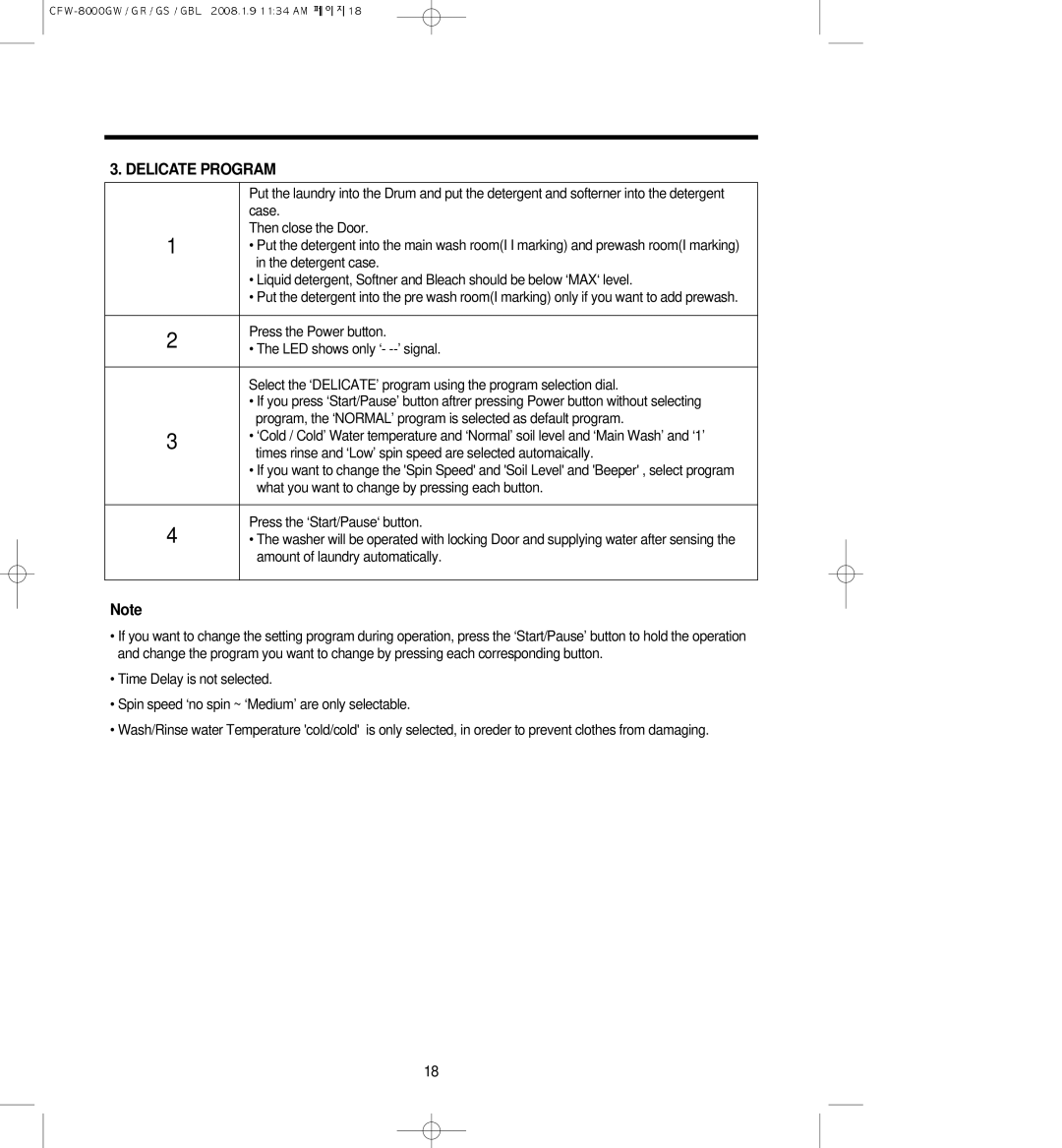 Crosley CFW-8000GS, CFW-8000GBL, CFW-8000GW, CFW-8000GR owner manual Delicate Program 