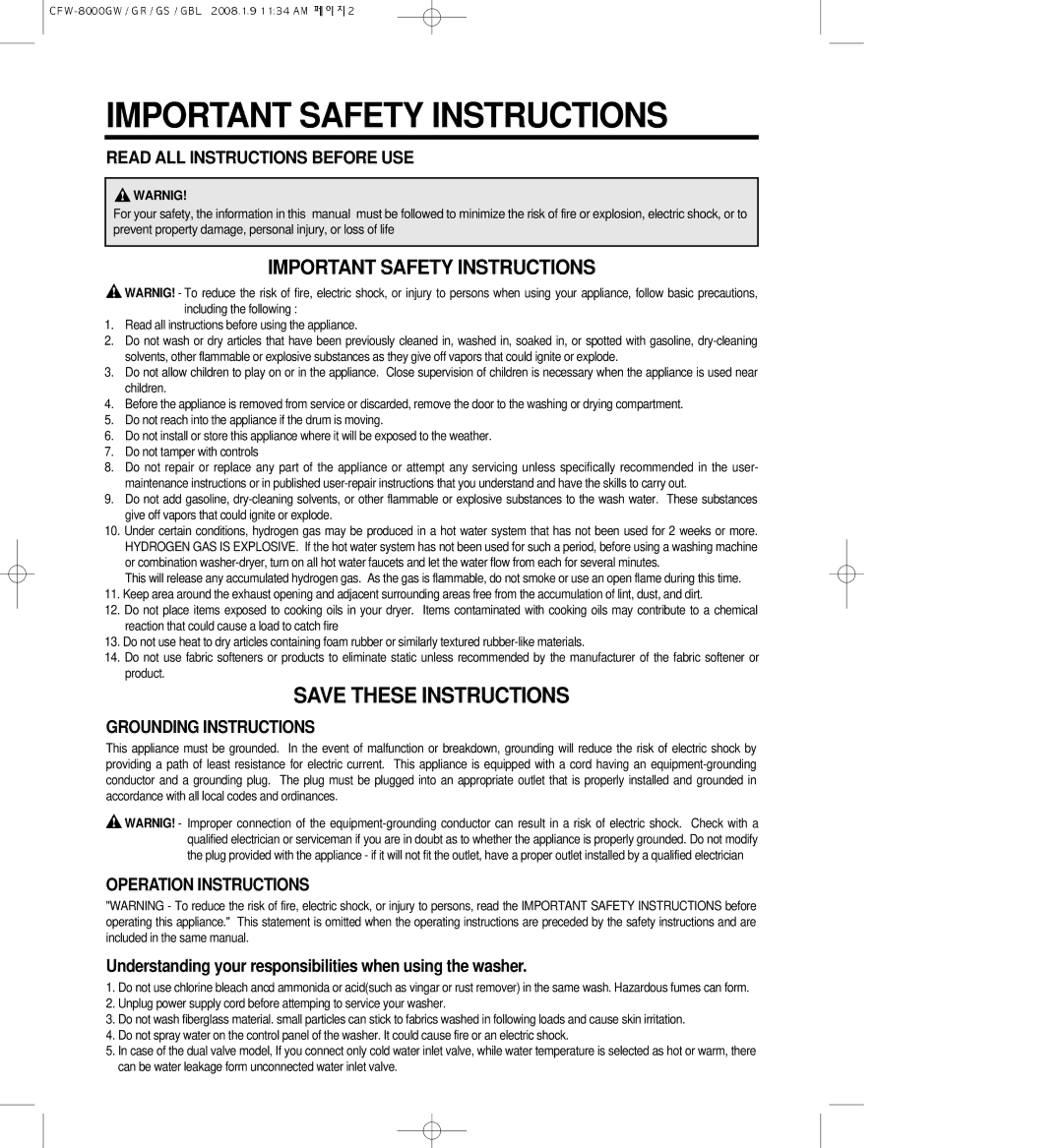 Crosley CFW-8000GS, CFW-8000GBL, CFW-8000GW, CFW-8000GR Important Safety Instructions, Read ALL Instructions Before USE 