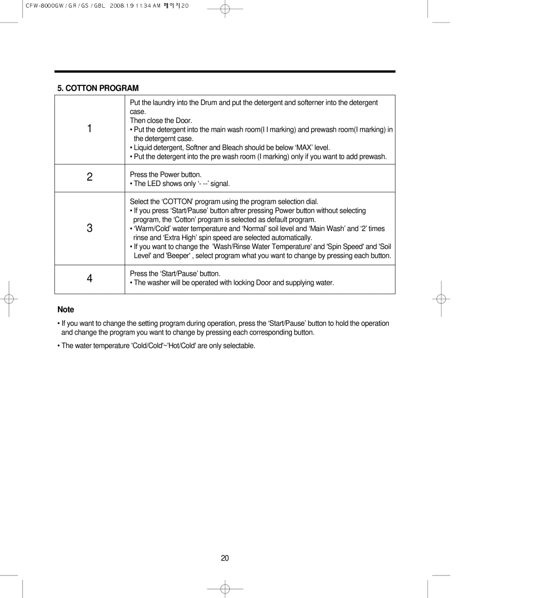 Crosley CFW-8000GBL, CFW-8000GW, CFW-8000GS, CFW-8000GR owner manual Cotton Program 