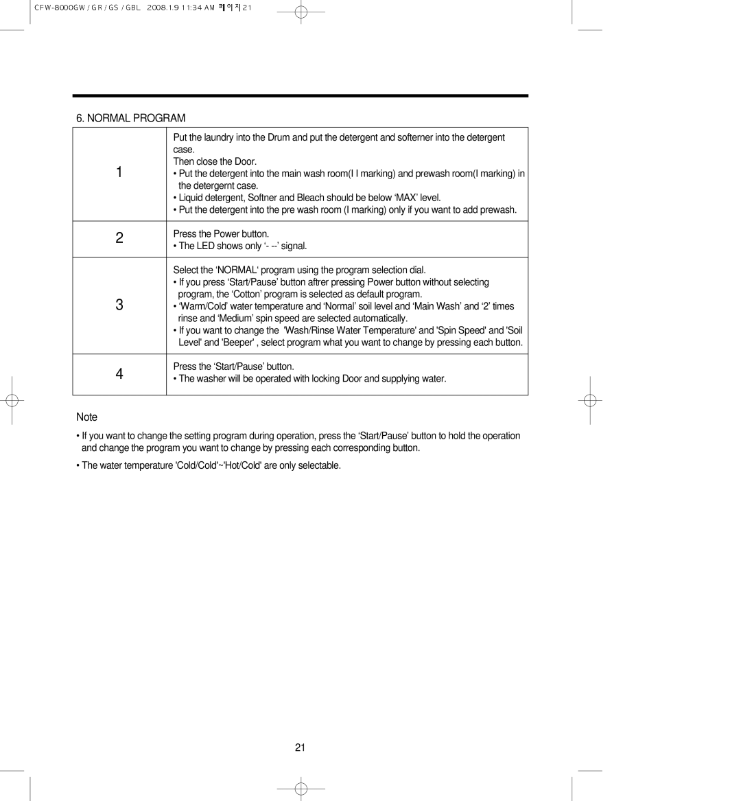 Crosley CFW-8000GW, CFW-8000GBL, CFW-8000GS, CFW-8000GR owner manual Normal Program 