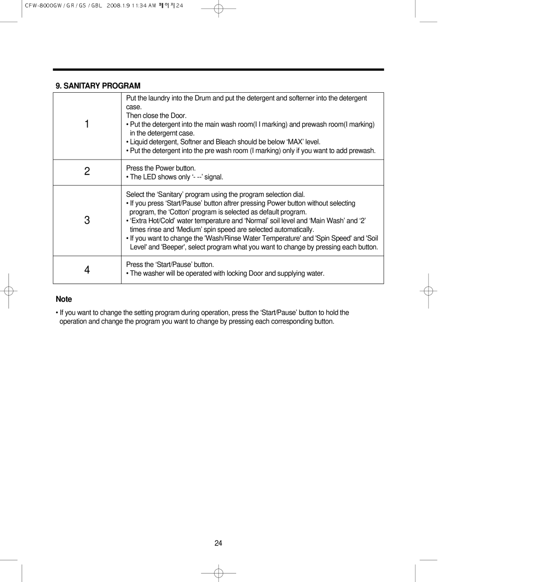 Crosley CFW-8000GBL, CFW-8000GW, CFW-8000GS, CFW-8000GR owner manual Sanitary Program 