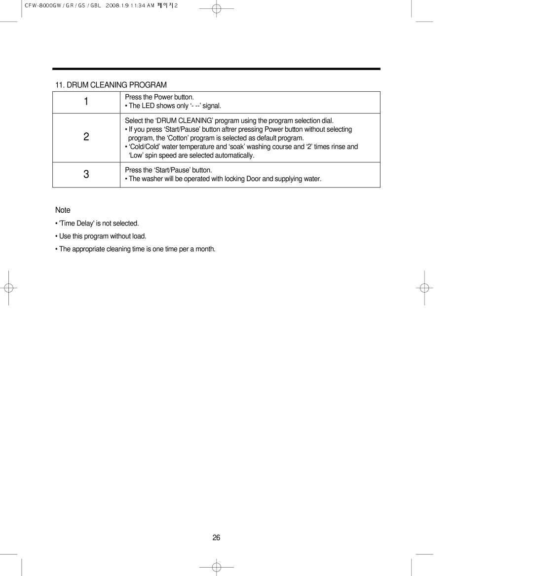 Crosley CFW-8000GS, CFW-8000GBL, CFW-8000GW, CFW-8000GR owner manual Drum Cleaning Program 