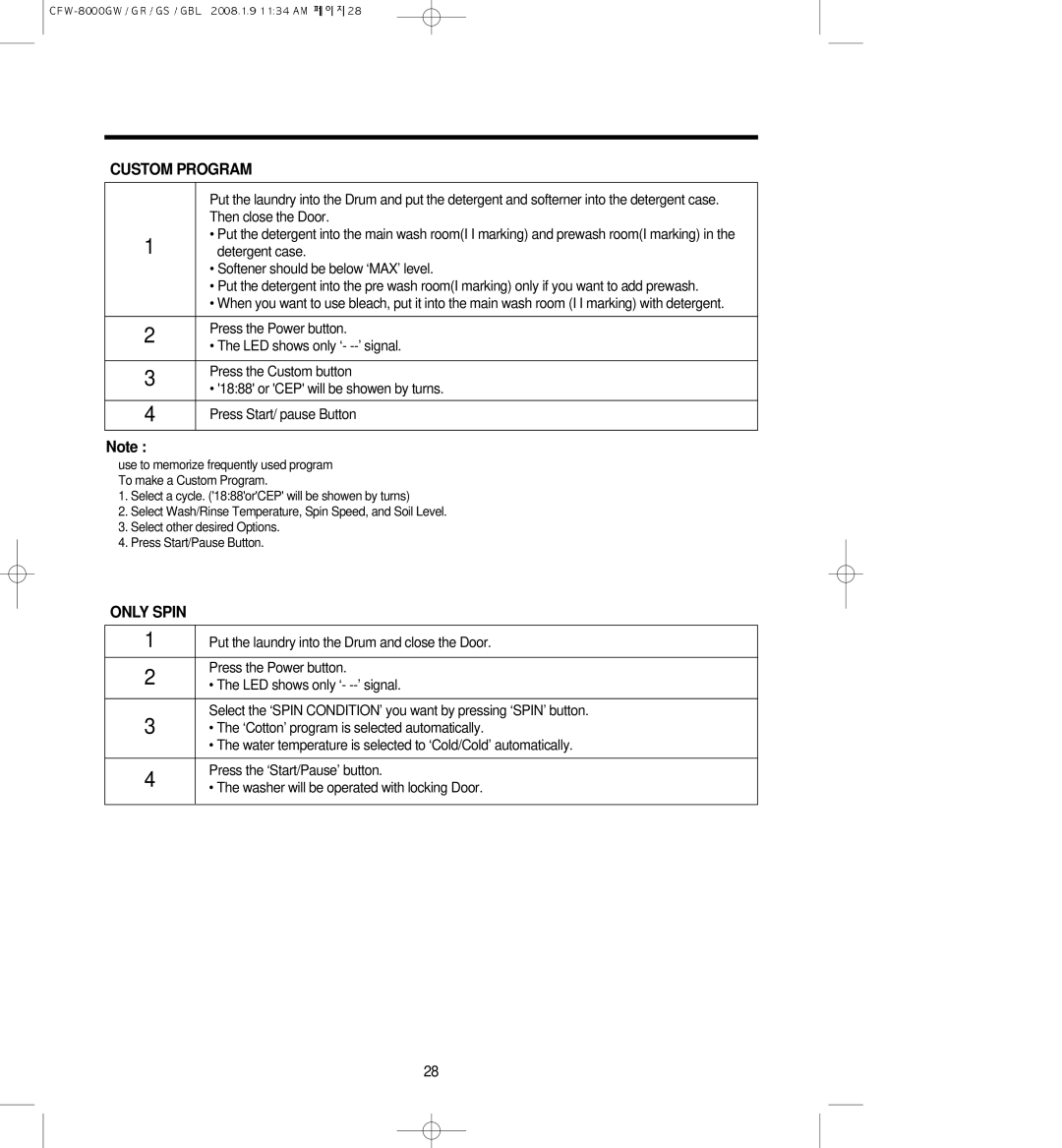 Crosley CFW-8000GBL, CFW-8000GW, CFW-8000GS, CFW-8000GR owner manual Custom Program, Only Spin 