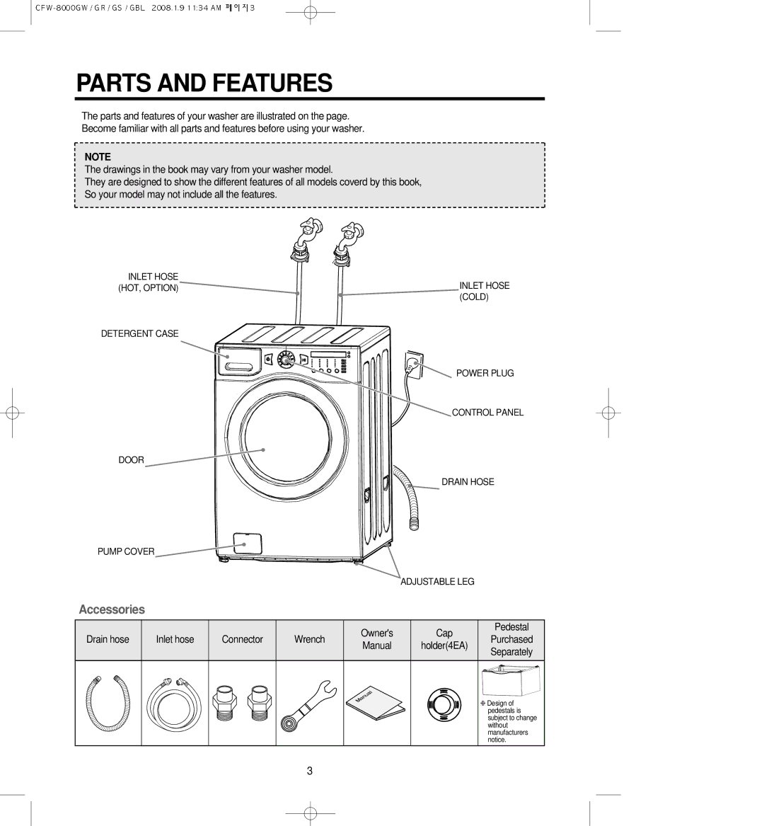 Crosley CFW-8000GR, CFW-8000GBL, CFW-8000GW, CFW-8000GS owner manual Parts and Features, Accessories 