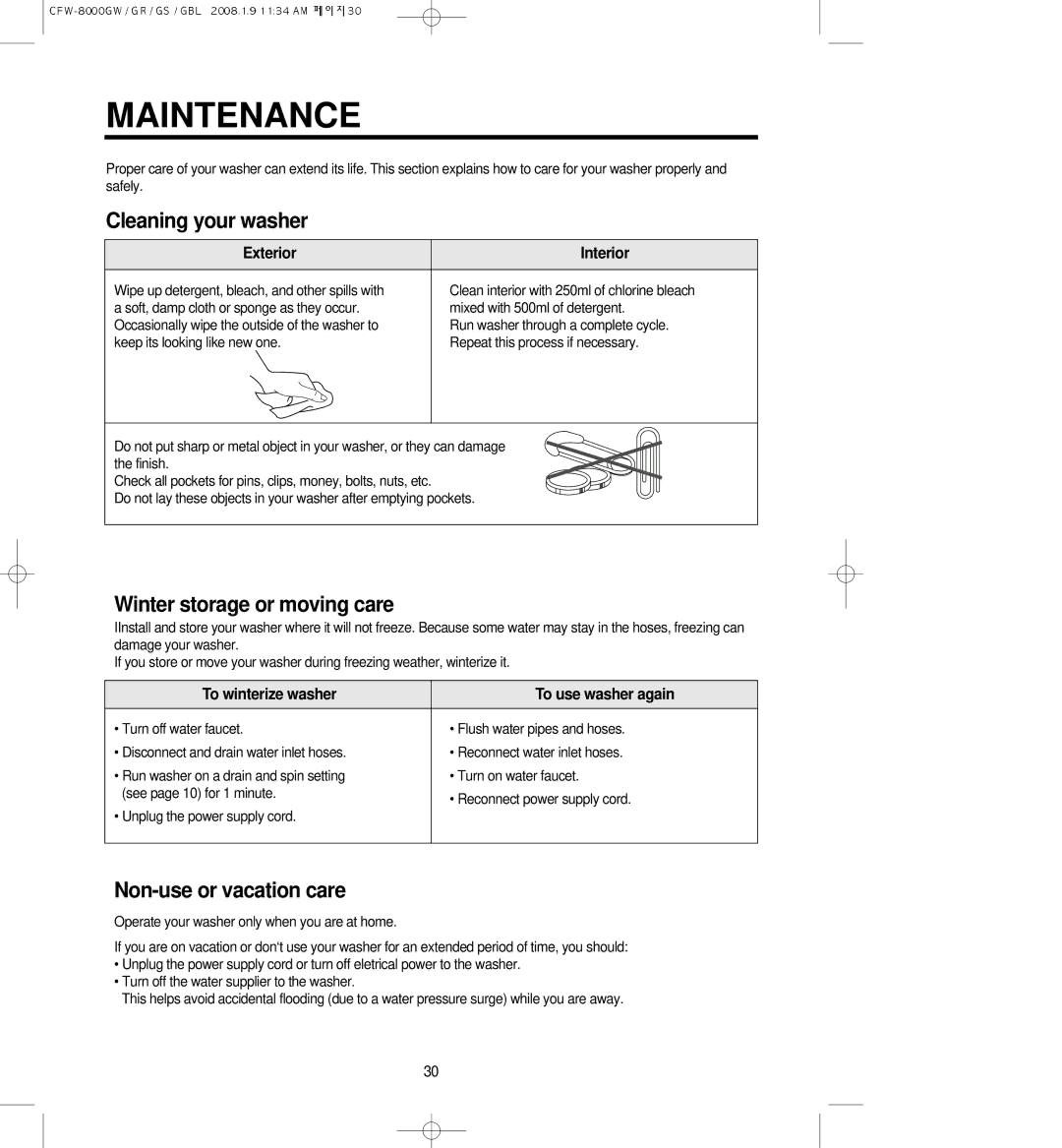 Crosley CFW-8000GS, CFW-8000GBL, CFW-8000GW Maintenance, Exterior Interior, To winterize washer To use washer again 