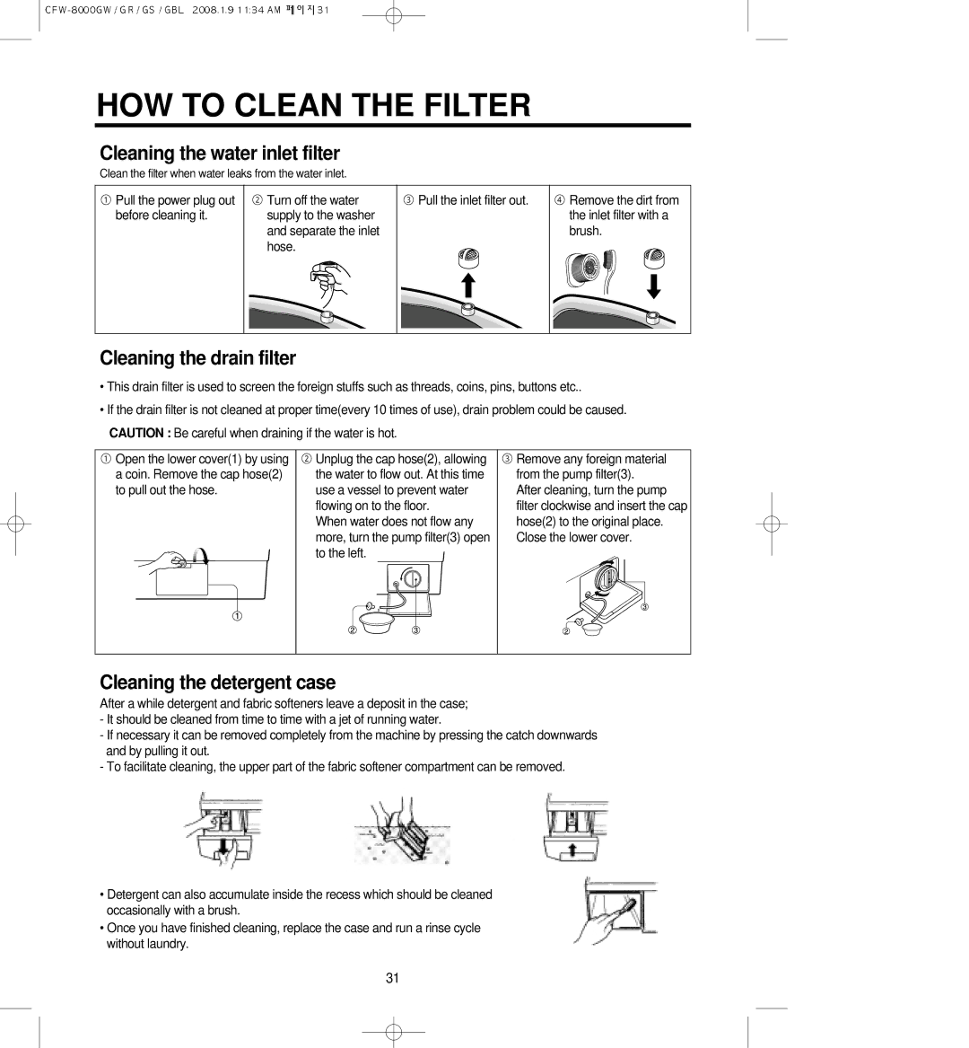 Crosley CFW-8000GR, CFW-8000GBL, CFW-8000GW, CFW-8000GS owner manual HOW to Clean the Filter, Cleaning the water inlet filter 