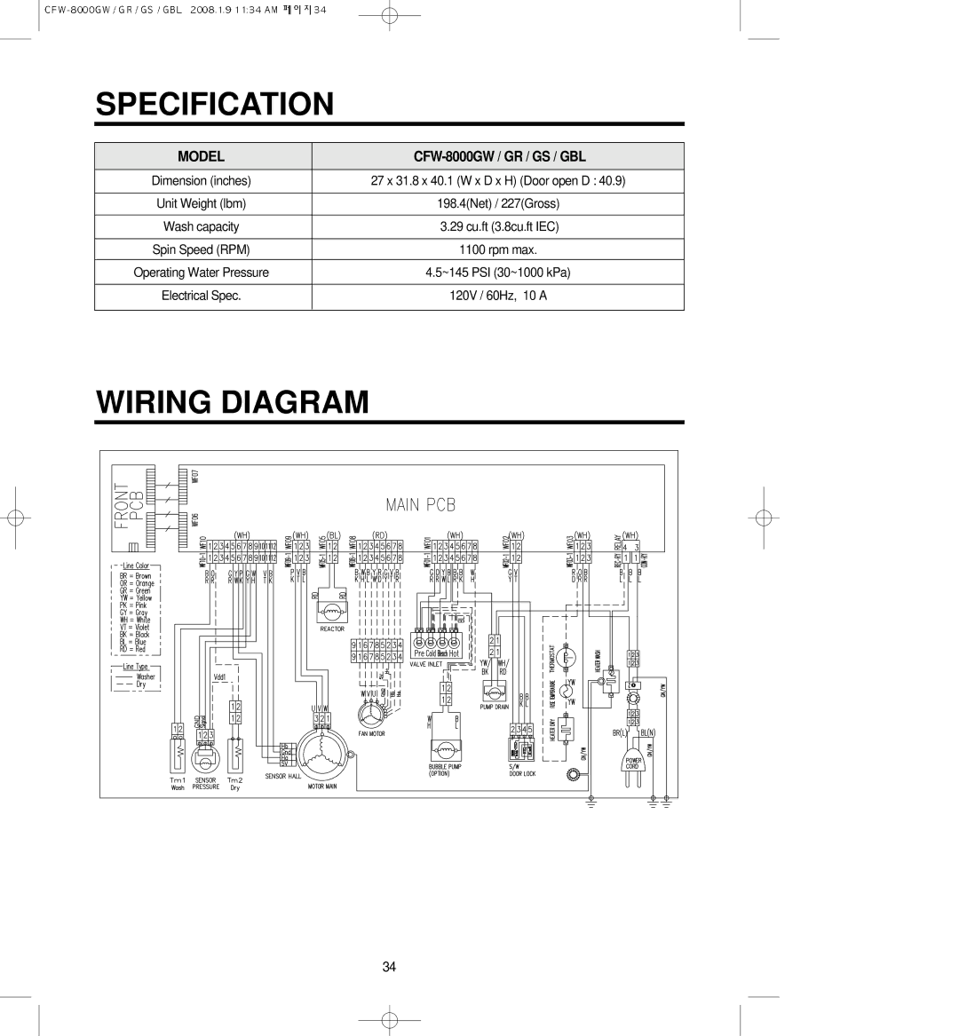 Crosley CFW-8000GS, CFW-8000GBL, CFW-8000GR owner manual Specification, Wiring Diagram, Model, CFW-8000GW / GR / GS / GBL 