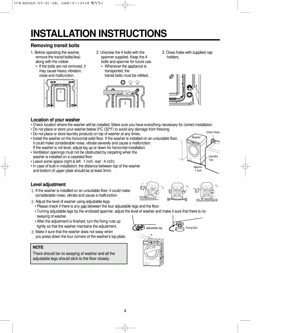 Crosley CFW-8000GBL, CFW-8000GW, CFW-8000GS, CFW-8000GR owner manual Installation Instructions, Removing transit bolts 