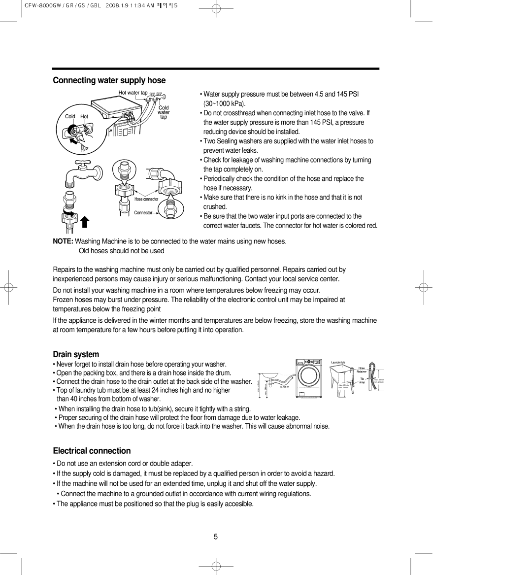 Crosley CFW-8000GW, CFW-8000GBL, CFW-8000GS, CFW-8000GR owner manual Connecting water supply hose 