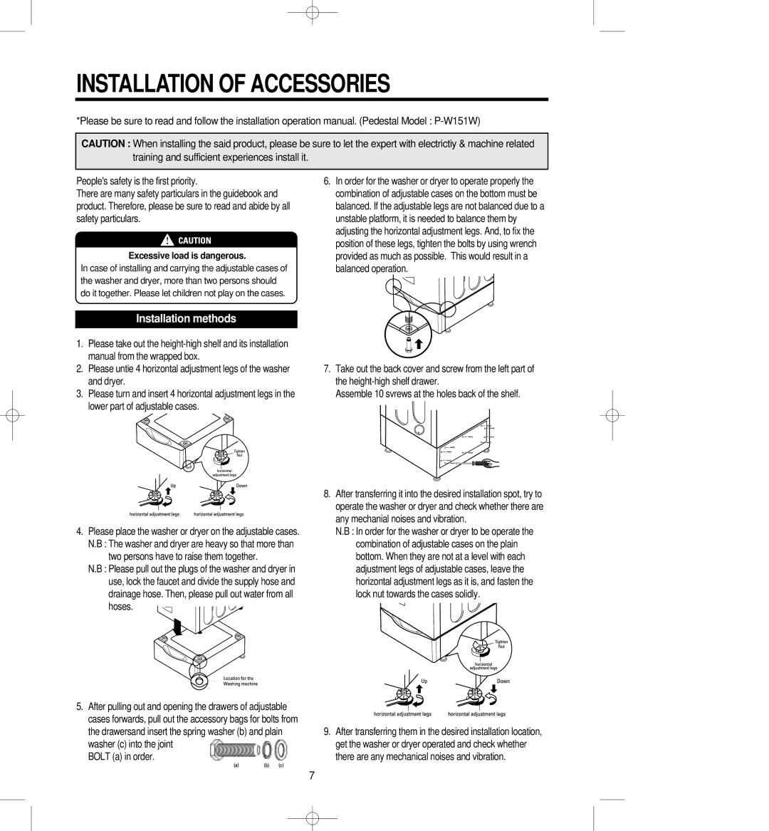 Crosley CFW-8000GR, CFW-8000GBL, CFW-8000GW, CFW-8000GS owner manual Installation of Accessories, Excessive load is dangerous 