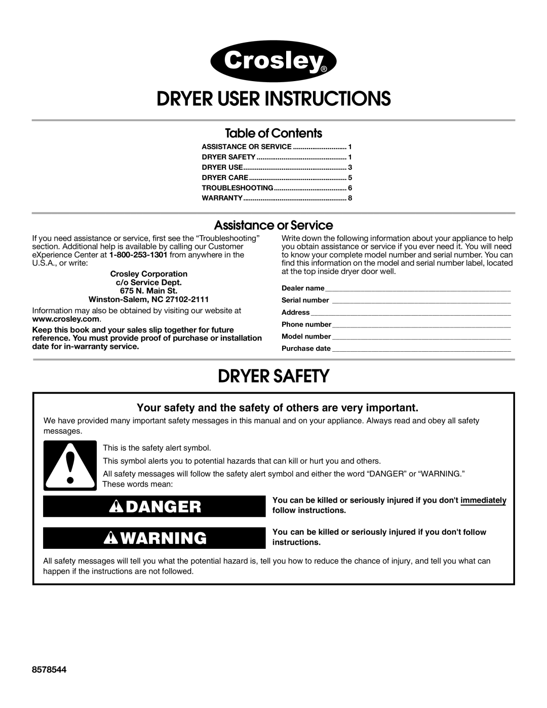 Crosley Clothes Dryer warranty Dryer Safety, 8578544 