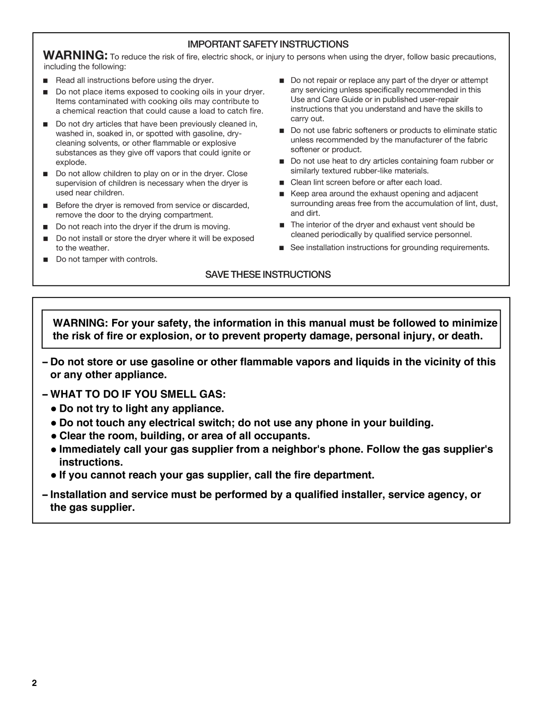 Crosley Clothes Dryer warranty What to do if YOU Smell GAS 