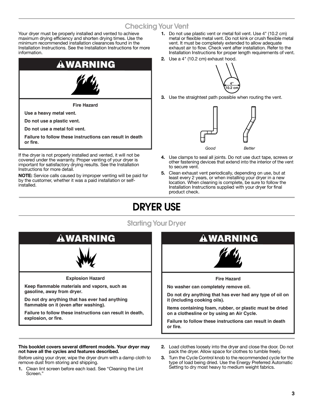 Crosley Clothes Dryer warranty Dryer USE, Checking Your Vent, Starting Your Dryer 