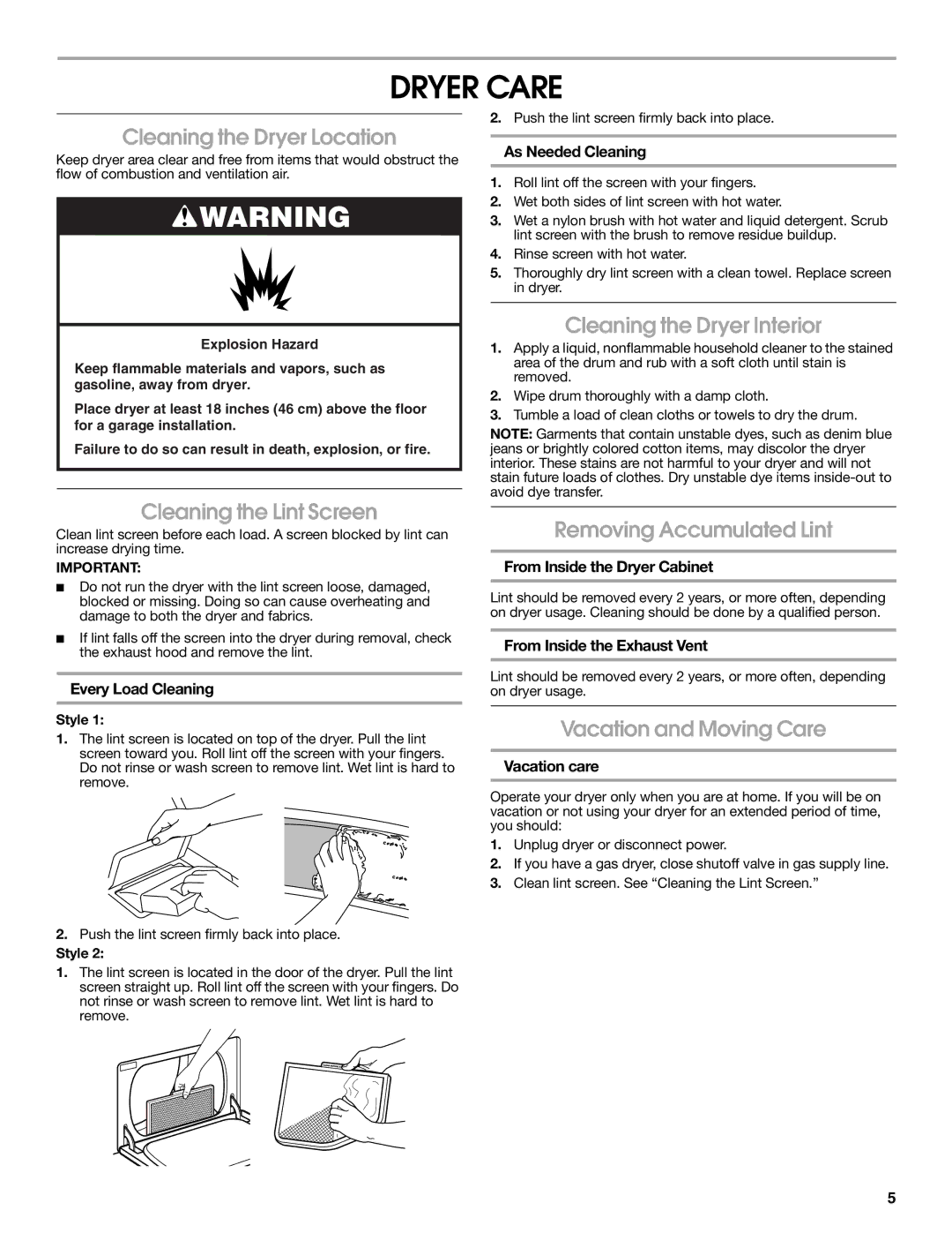 Crosley Clothes Dryer warranty Dryer Care 