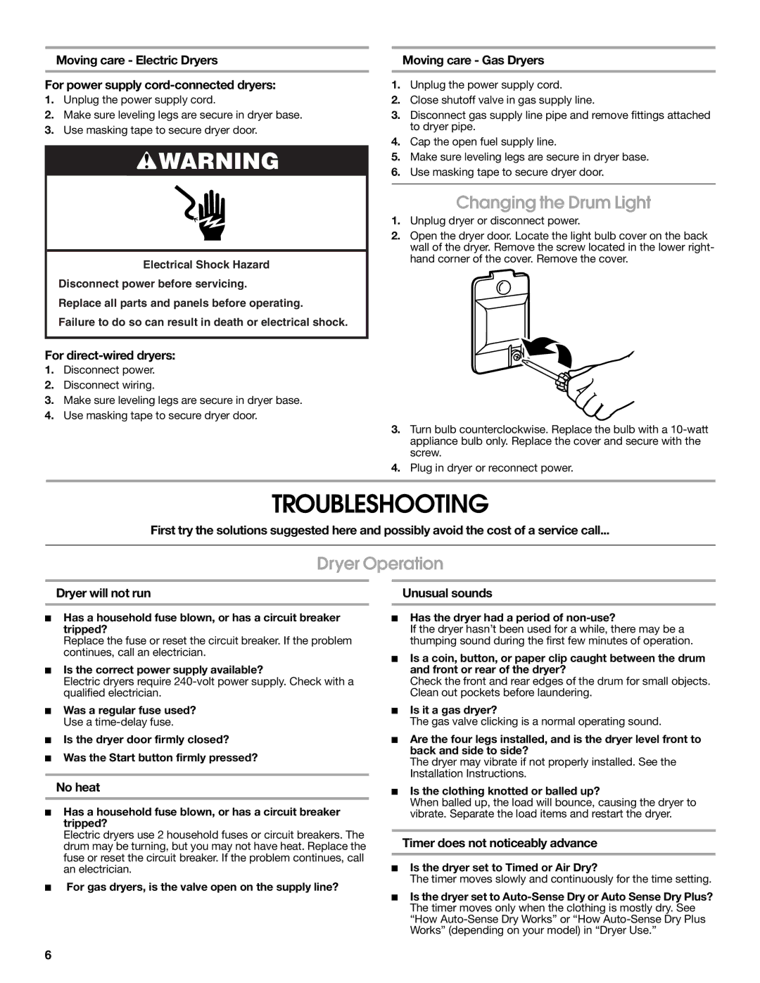 Crosley Clothes Dryer warranty Troubleshooting, Changing the Drum Light, Dryer Operation 