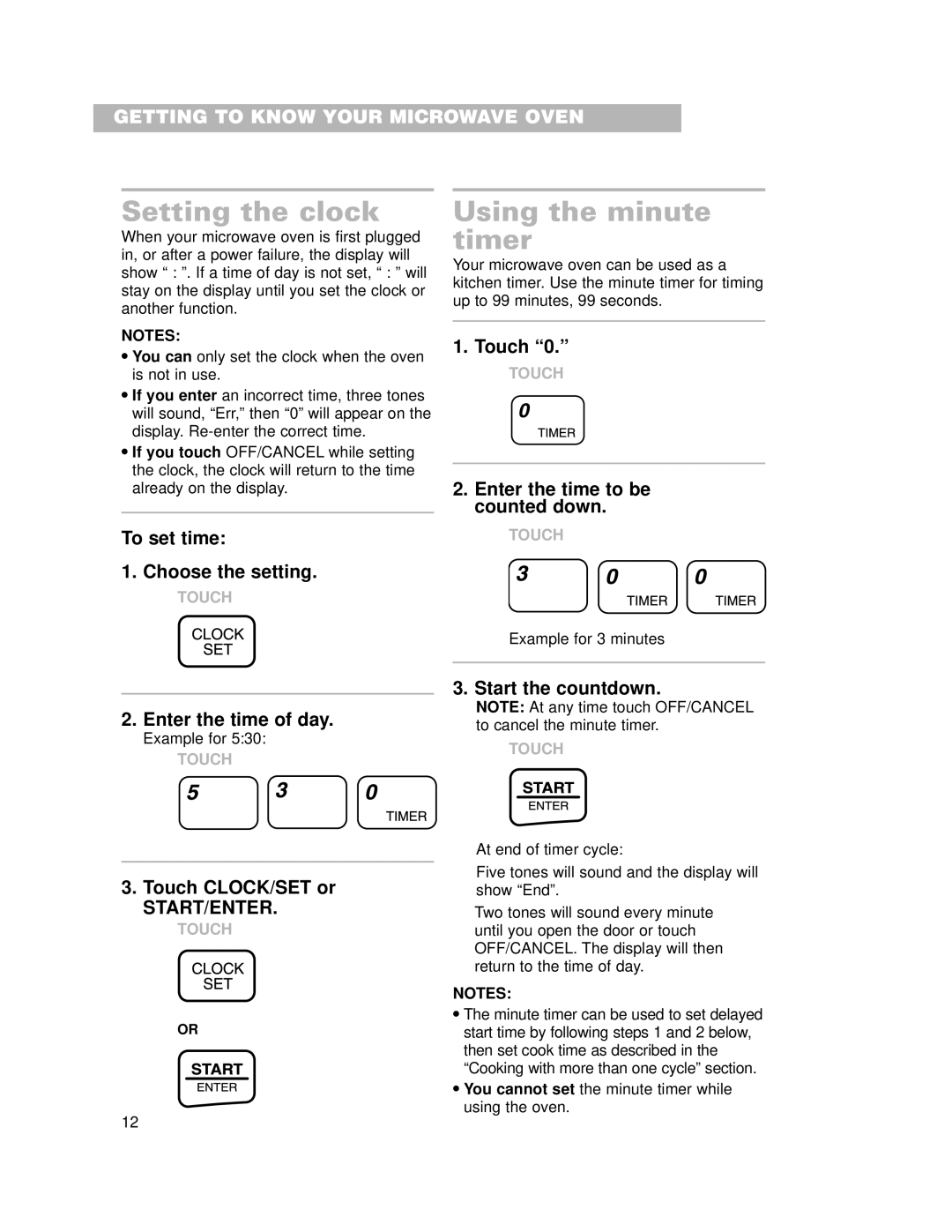 Crosley CMT101SG installation instructions Setting the clock, Using the minute timer 