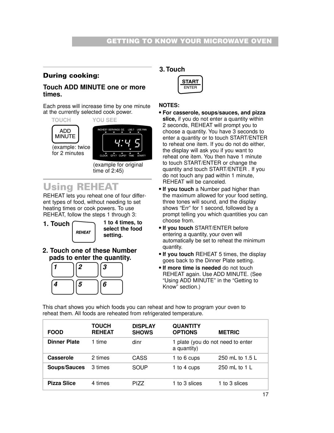 Crosley CMT101SG installation instructions Using Reheat, Food Touch Display Quantity Reheat Shows Options Metric 