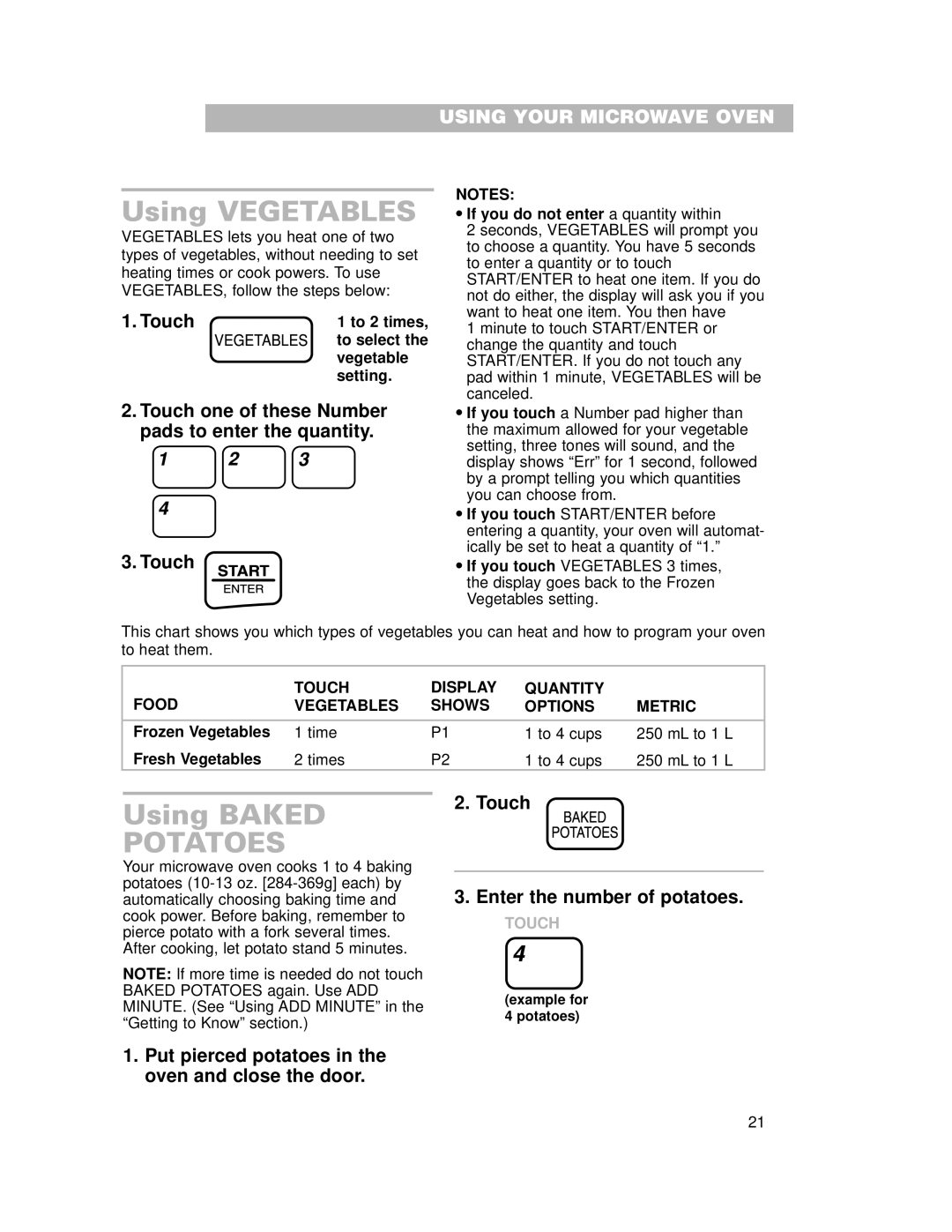 Crosley CMT101SG Using Vegetables, Using Baked, Food Touch Display Quantity Vegetables Shows Options Metric 