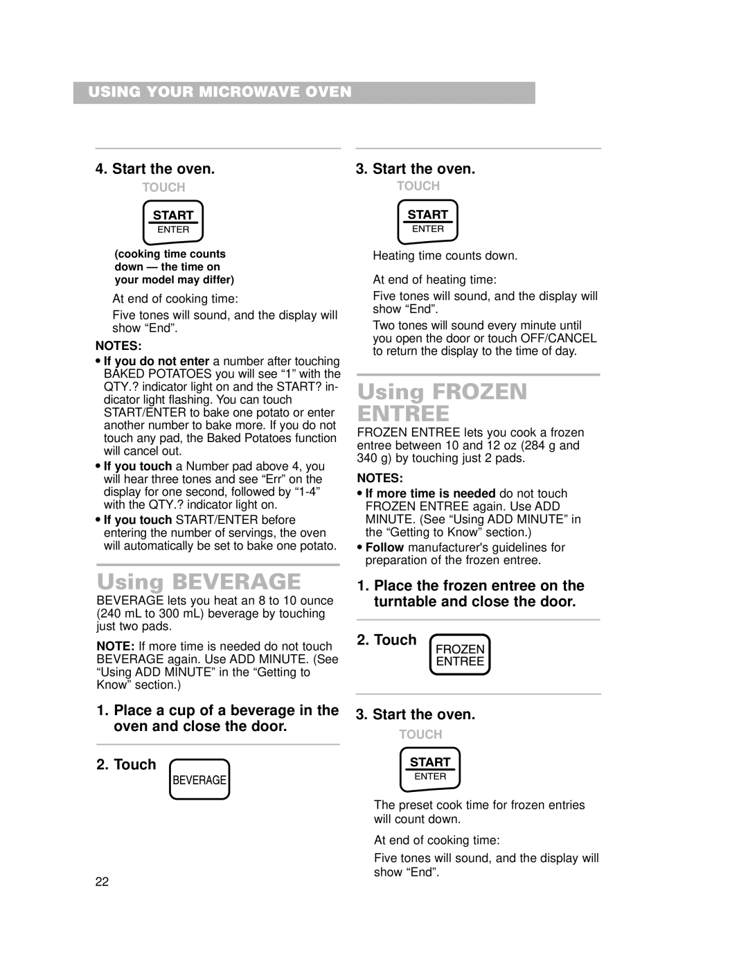 Crosley CMT101SG installation instructions Using Frozen, Using Beverage 