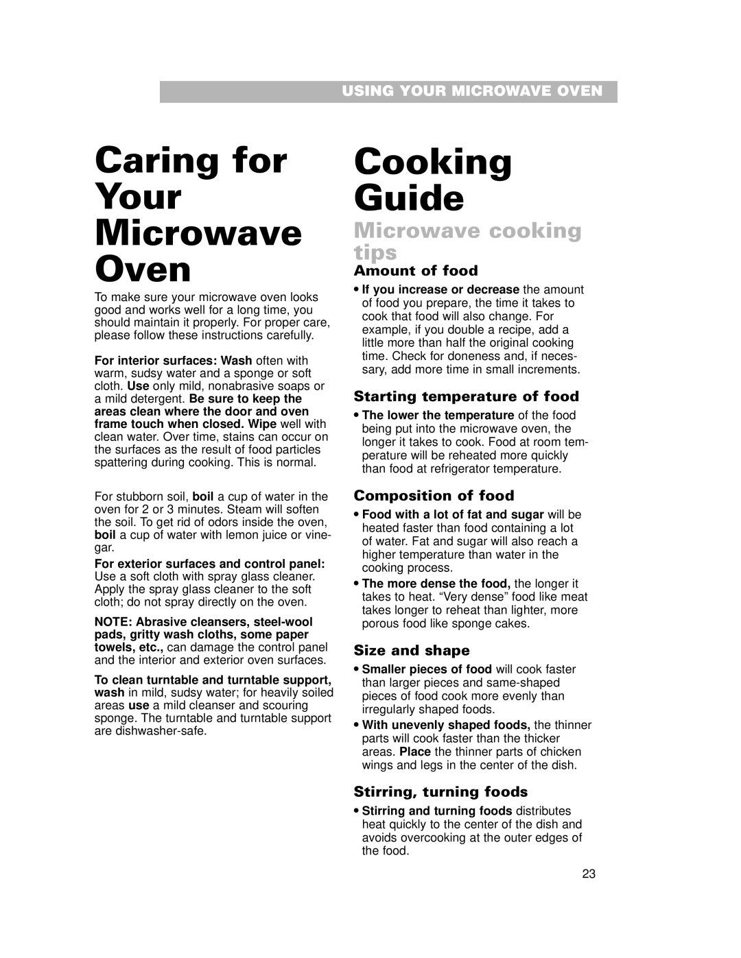 Crosley CMT101SG installation instructions Caring for Your Microwave Oven, Cooking Guide, Microwave cooking tips 