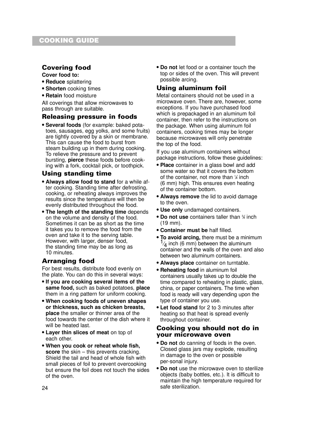 Crosley CMT101SG Covering food, Releasing pressure in foods, Using standing time, Arranging food, Using aluminum foil 