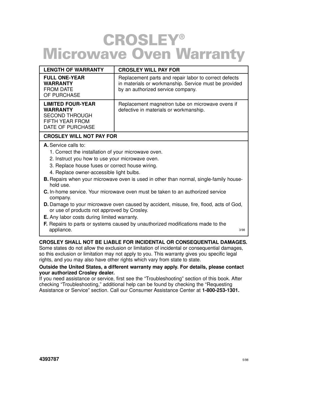 Crosley CMT101SG Length of Warranty Crosley will PAY for Full ONE-YEAR, Limited FOUR-YEAR, Crosley will not PAY for 