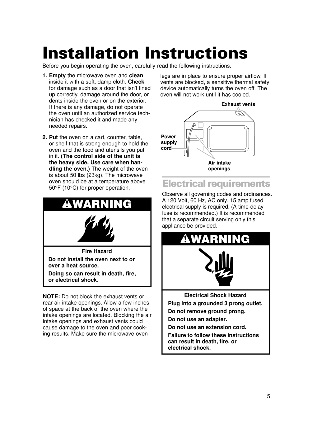 Crosley CMT101SG installation instructions Installation Instructions, Electrical requirements 