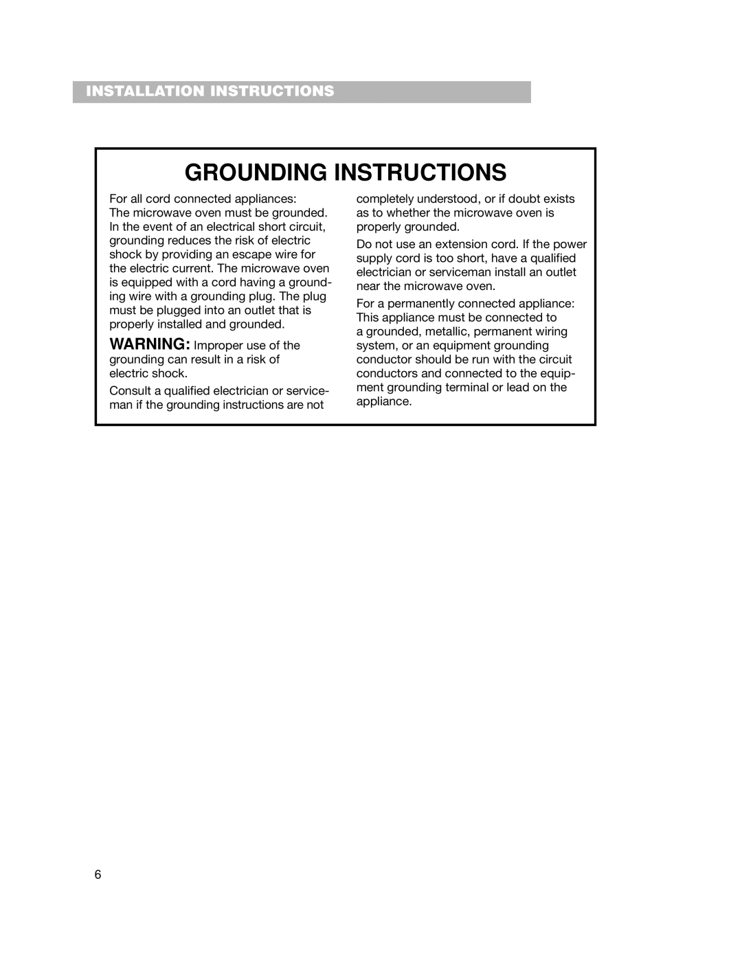 Crosley CMT101SG installation instructions Grounding Instructions 