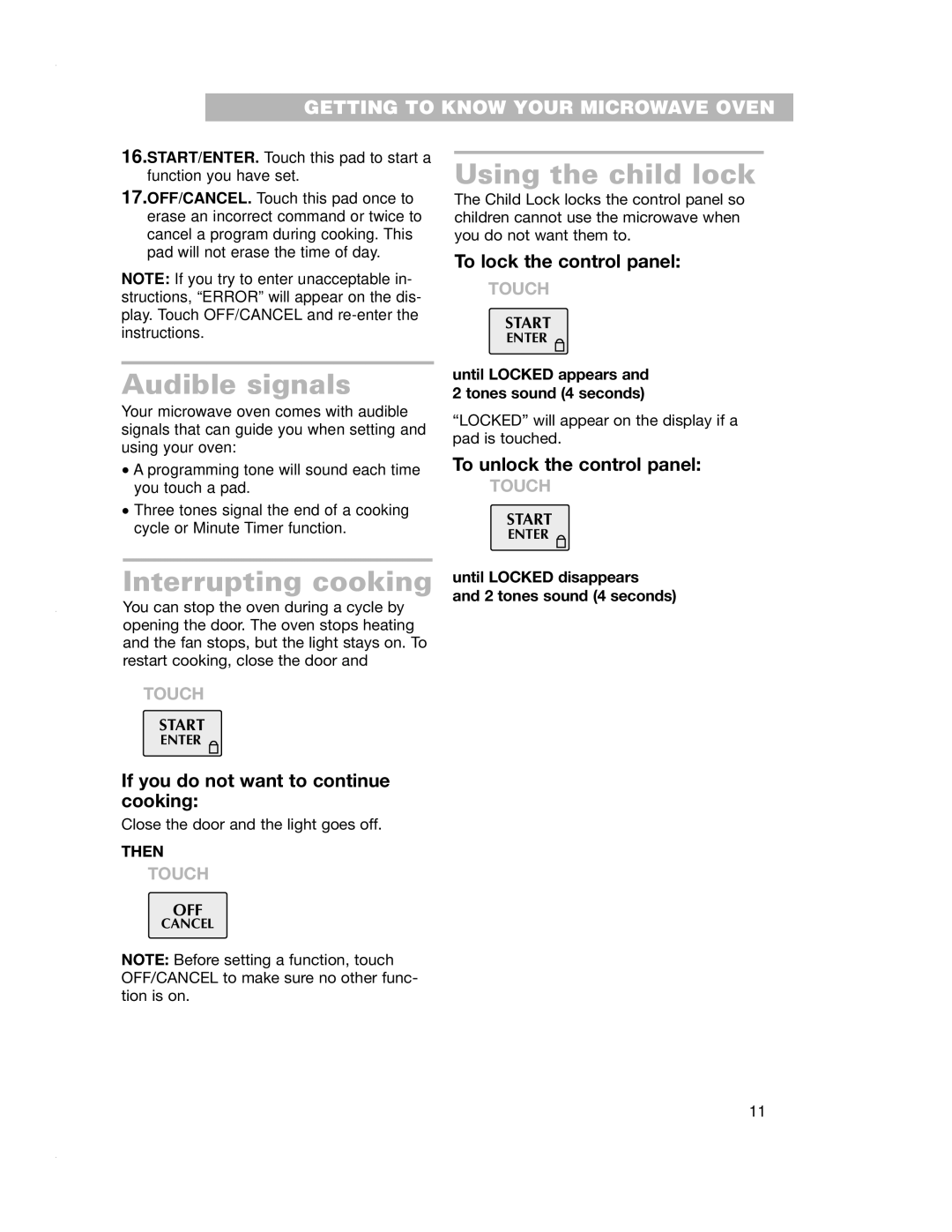 Crosley CMT135SG installation instructions Audible signals, Using the child lock, Interrupting cooking 