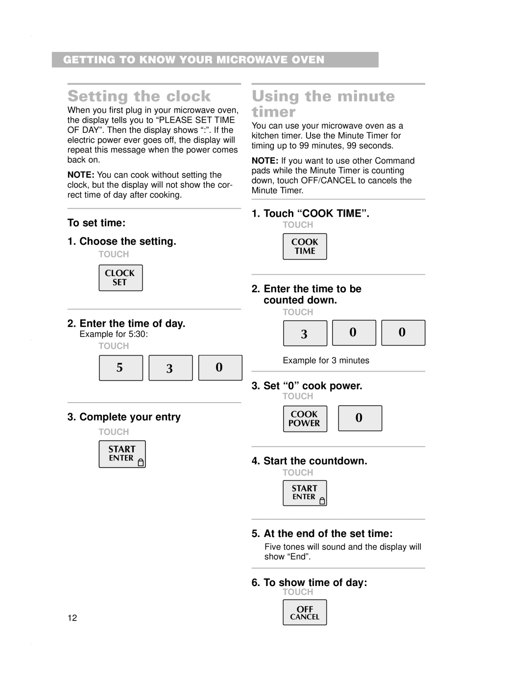 Crosley CMT135SG installation instructions Setting the clock, Using the minute timer 