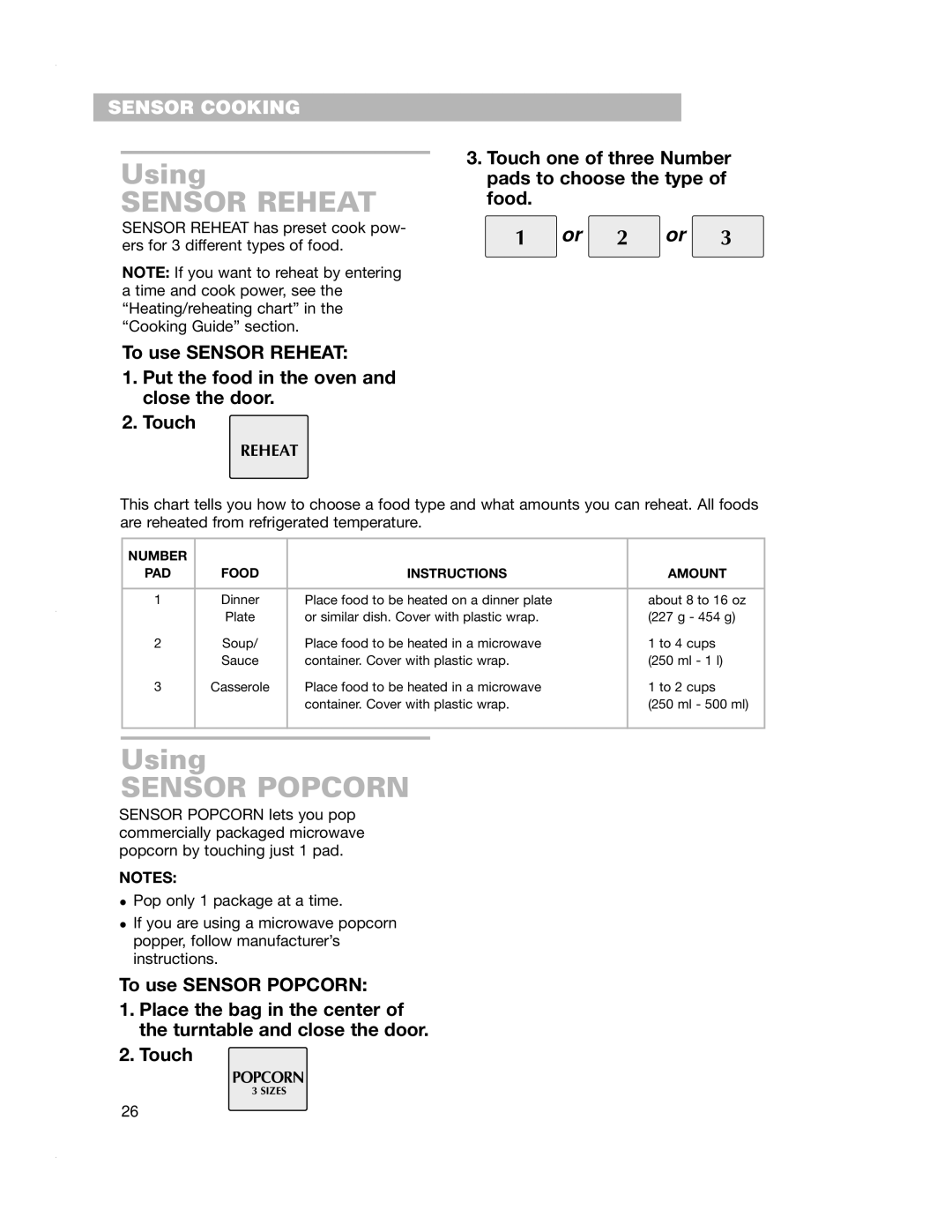 Crosley CMT135SG installation instructions Using, Touch one of three Number pads to choose the type of food 