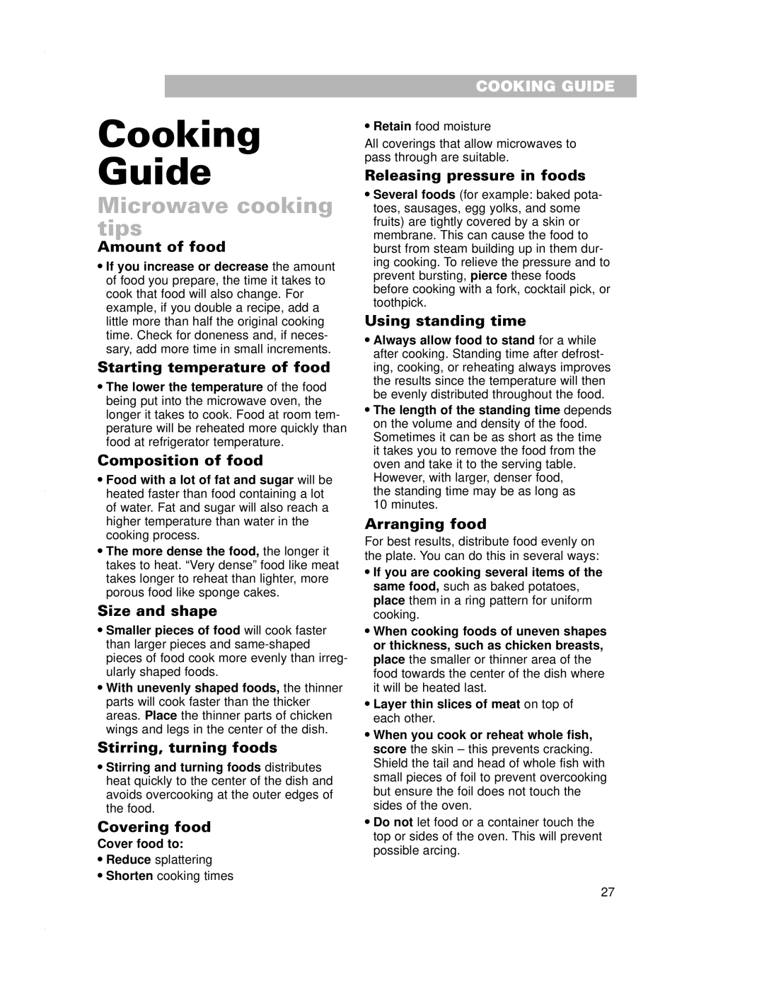 Crosley CMT135SG installation instructions Cooking Guide, Microwave cooking tips 