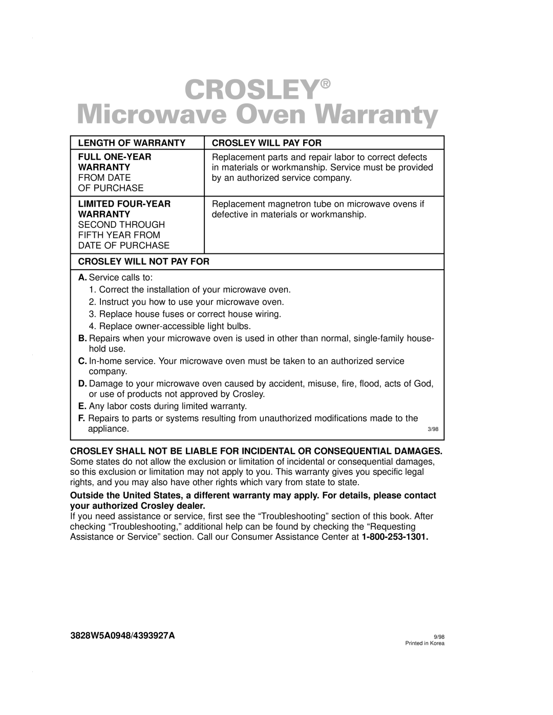 Crosley CMT135SG Length of Warranty Crosley will PAY for Full ONE-YEAR, Limited FOUR-YEAR, Crosley will not PAY for 