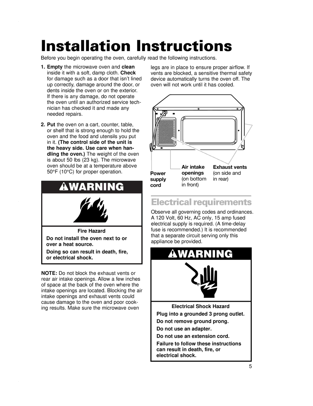 Crosley CMT135SG installation instructions Installation Instructions, Electrical requirements 