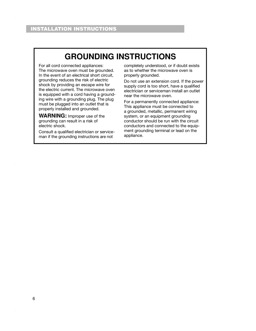 Crosley CMT135SG installation instructions Grounding Instructions 