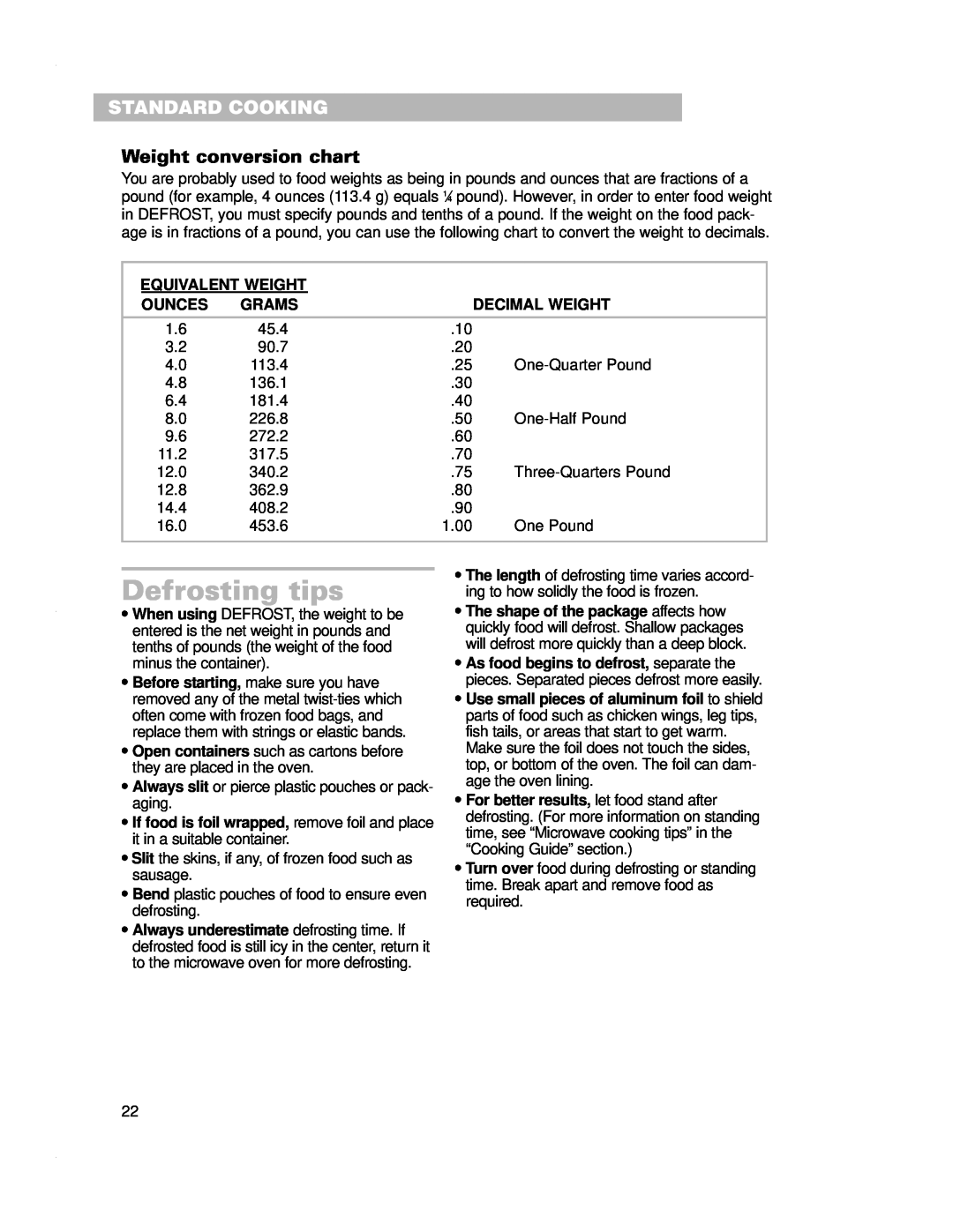 Crosley CMT135SG installation instructions Defrosting tips, Standard Cooking, Weight conversion chart 