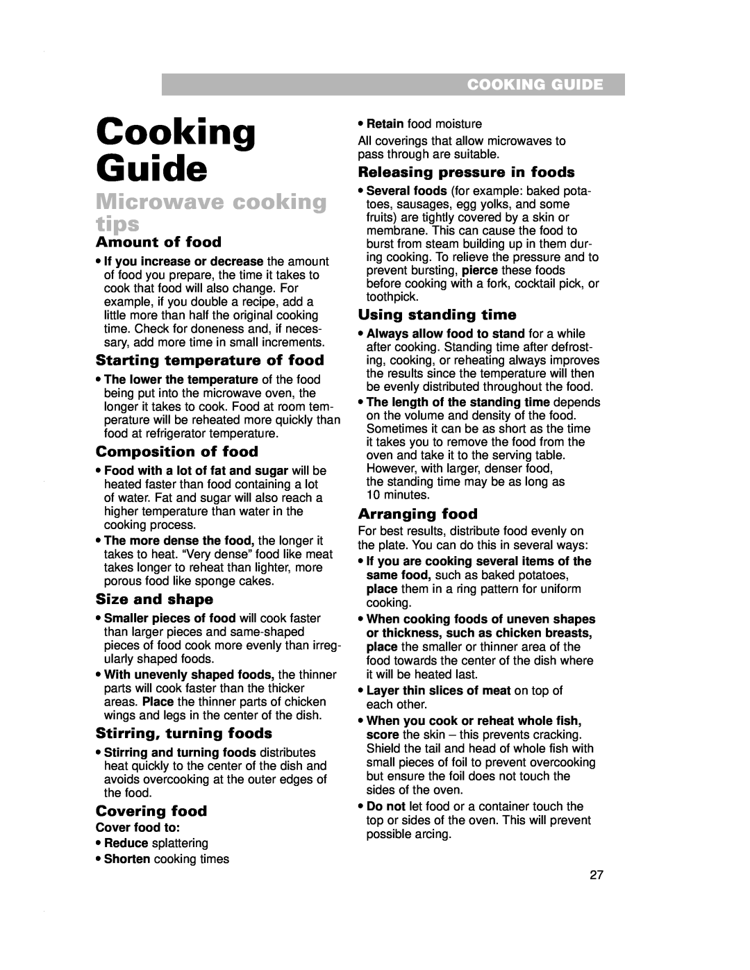 Crosley CMT135SG Cooking Guide, Microwave cooking tips, Amount of food, Starting temperature of food, Composition of food 