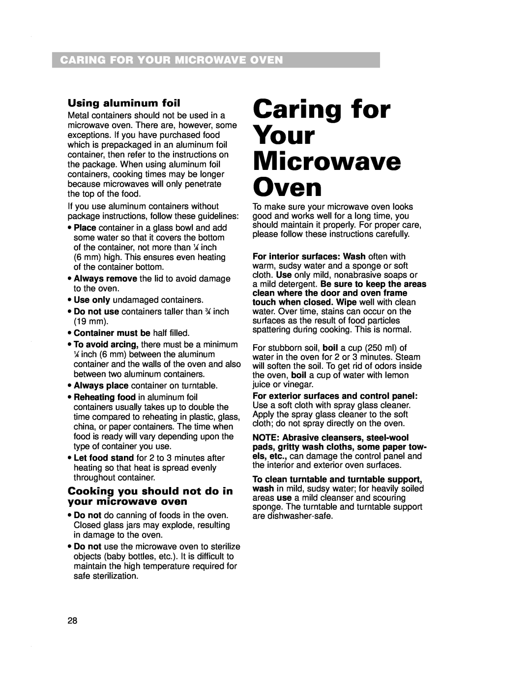 Crosley CMT135SG Caring for Your Microwave Oven, Caring For Your Microwave Oven, Using aluminum foil 