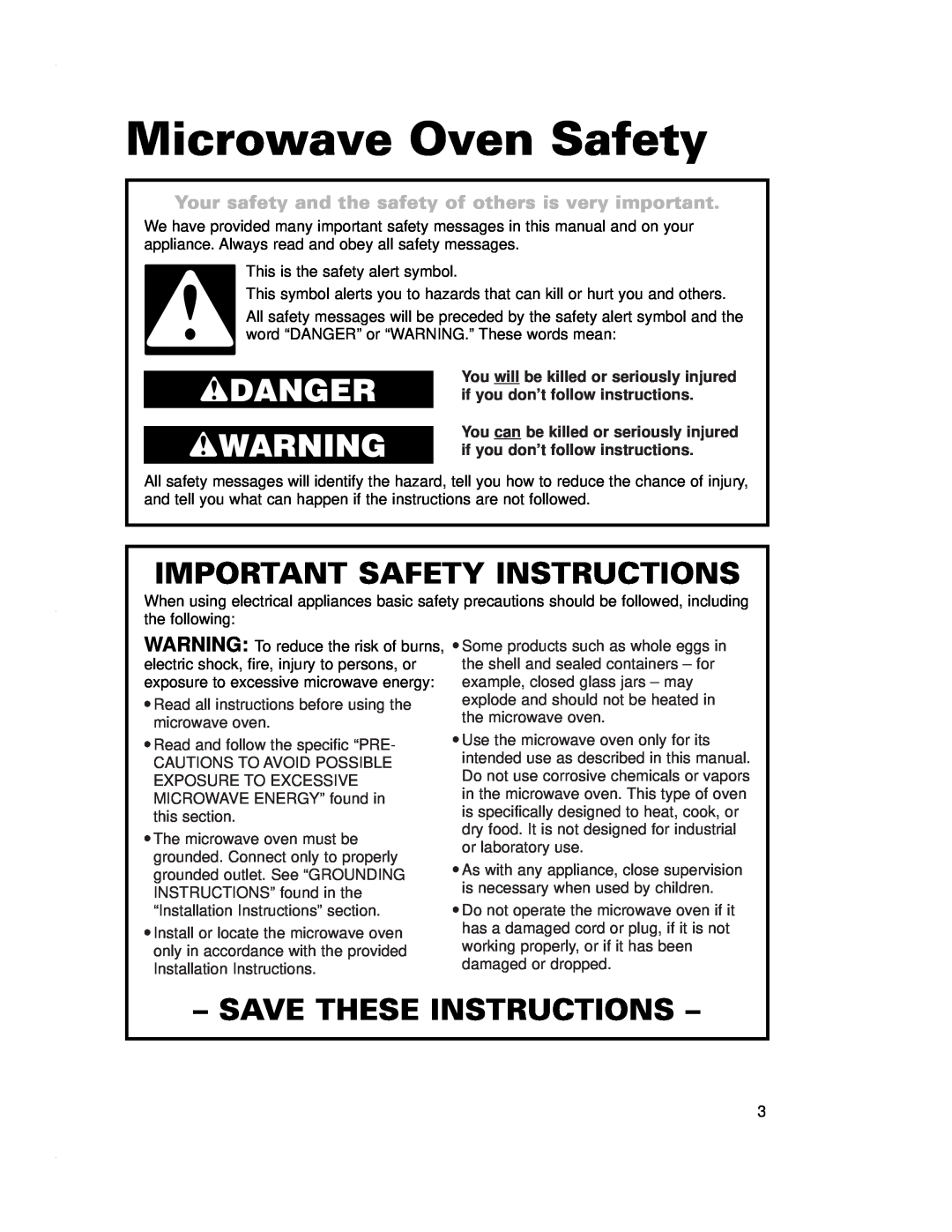 Crosley CMT135SG Microwave Oven Safety, wDANGER wWARNING, Important Safety Instructions, Save These Instructions 