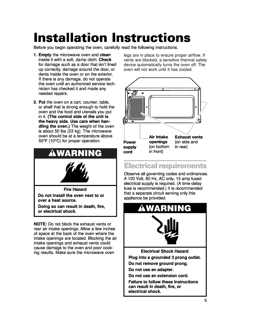 Crosley CMT135SG installation instructions Installation Instructions, wWARNING, Electrical requirements 