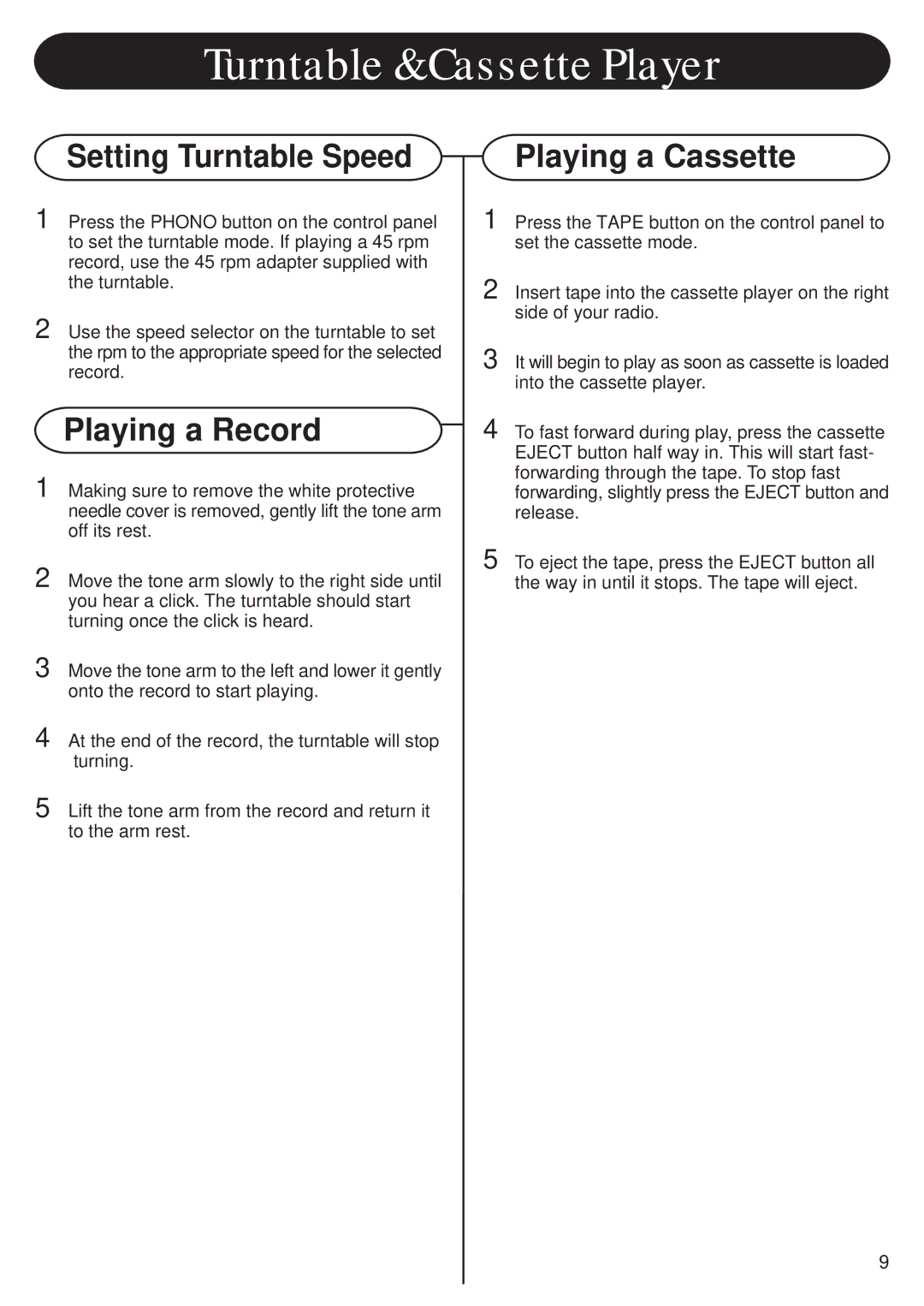 Crosley CR-78 manual Turntable & Cassette Player, Setting Turntable Speed, Playing a Record, Playing a Cassette 