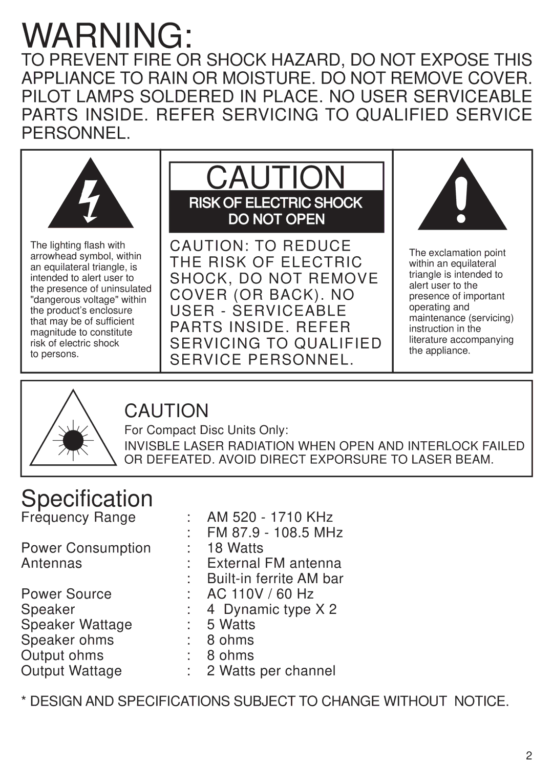 Crosley CR-78 manual Specification 