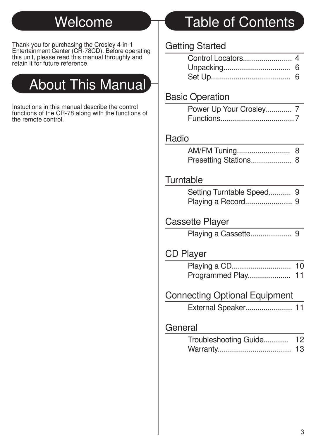 Crosley CR-78 manual Welcome 