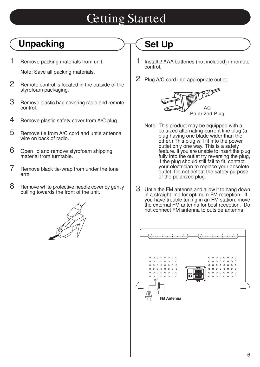 Crosley CR-78 manual Getting Started, Unpacking, Set Up 