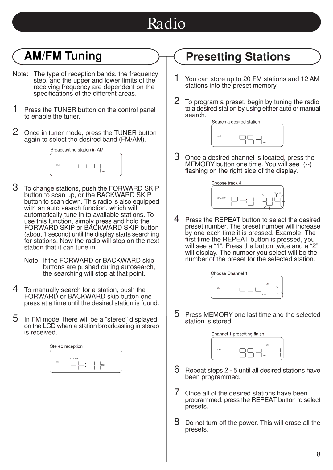 Crosley CR-78 manual Radio, AM/FM Tuning, Presetting Stations 