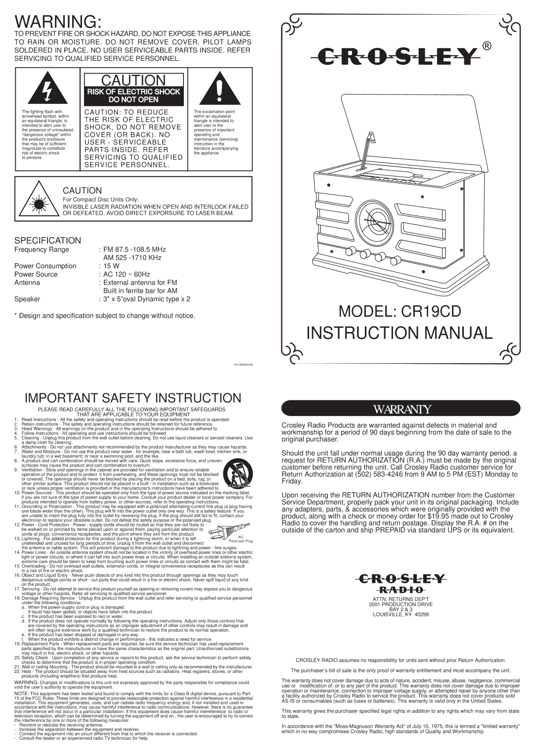 Crosley CR19CD Radio warranty Model CR19CD 