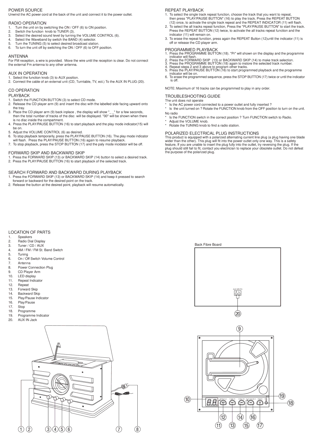 Crosley CR19CD Radio Power Source, Radio Operation, Antenna, AUX in Operation, CD Operation Playback, Location of Parts 