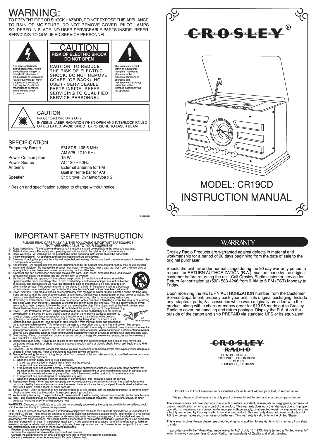 Crosley CR19CD Radio warranty MODEL CR19CD, Important Safety Instruction, Warranty, Specification 