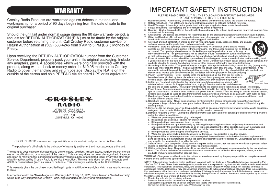 Crosley CR46 instruction manual Warranty 