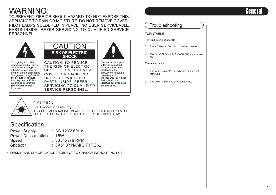 Crosley CR46 instruction manual General, Troubleshooting 